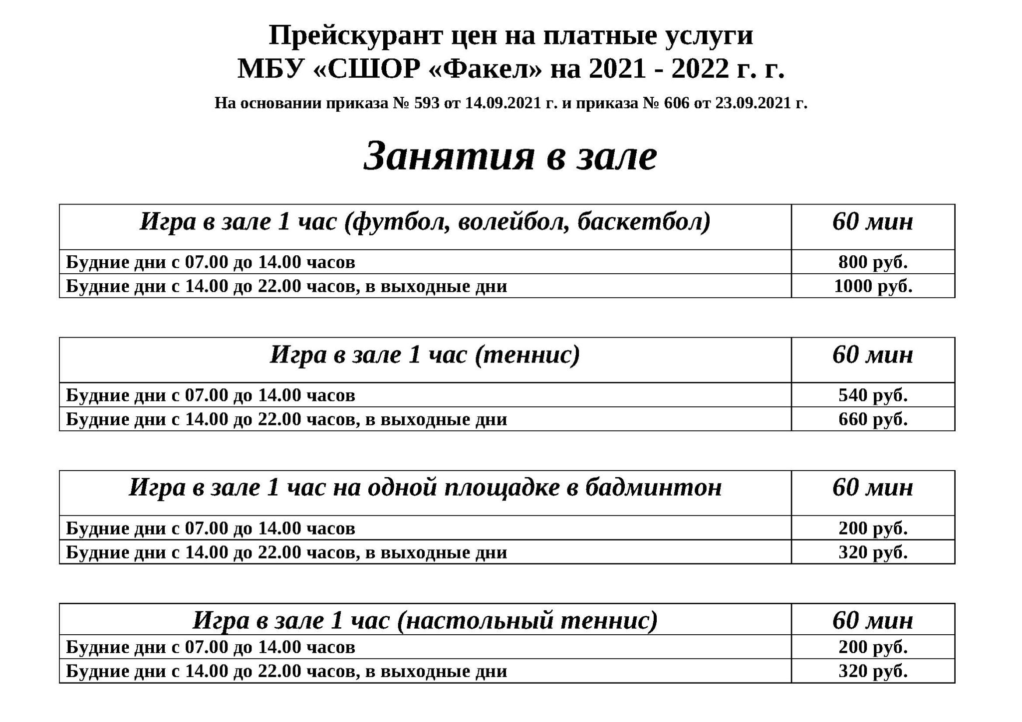 Изменение цен на услуги. Факел прейскурант цен.